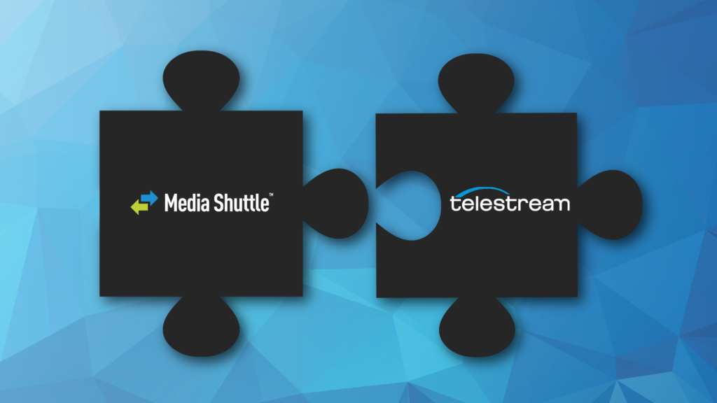 2 puzzle pieces, one with the Media Shuttle logo on it and one with the Telestream logo on it.