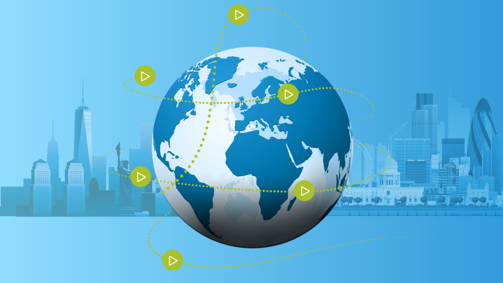 World globe with green play buttons surrounding and a blue city skyline of NY on left and London on right in background