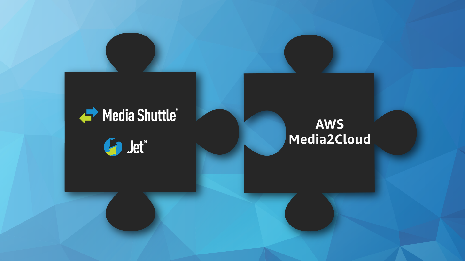 Puzzle piece with Media Shuttle and Jet connecting to another puzzle piece with AWS and Media2Cloud