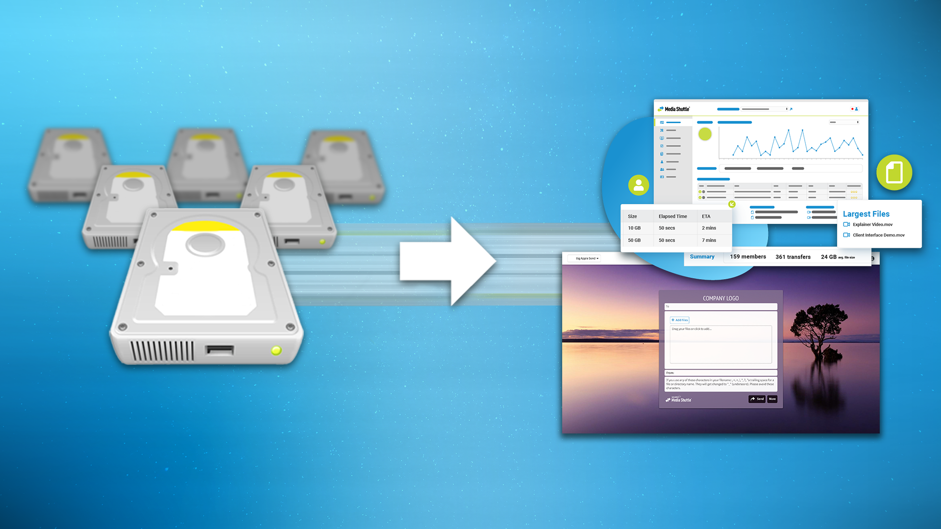 Physical drives with an arrow pointing to page screens showing the replacement of physical drive files