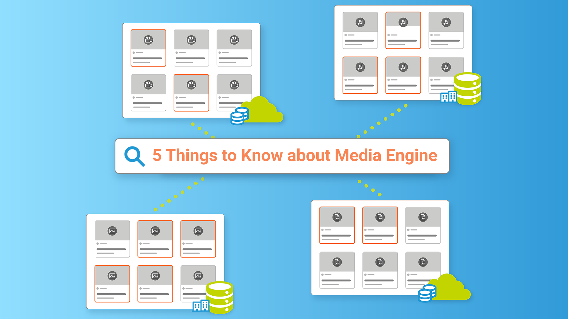 5 things to know about Media Engine search bar with 4 pages branching off and a blue background