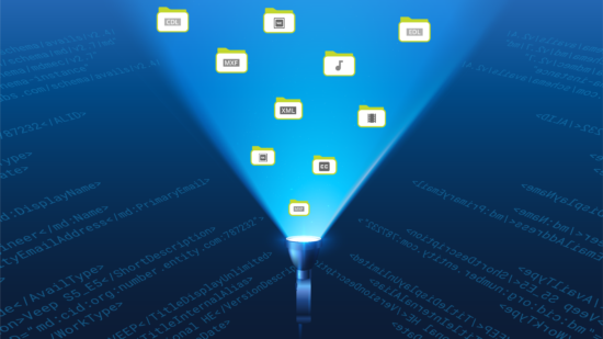 Flashlight shining on distributed storage files with blue background