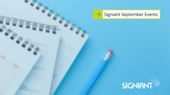 Signiant September events with calendars and pencil in blue background