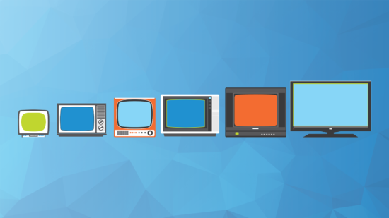 cartoon showing the transformation of the television with 6 TVs with a blue background