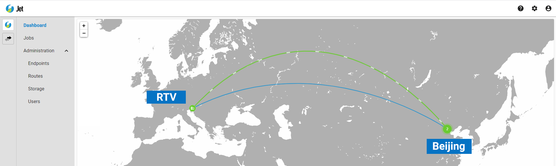 RTV Jet Dashboard, jobs in progress, RTV headquarters to Beijing transfer.