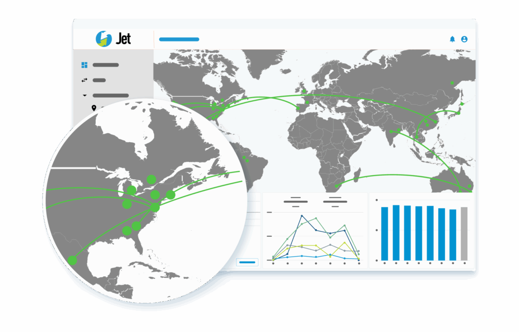 A Jet dashboard with a map of the world with green dots on major cities and lines connecting them, and other graphs.