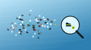 A swarm of scattered media files, folders, drives and clouds funneling into a magnifying glass that brings one asset into clear, known focus.