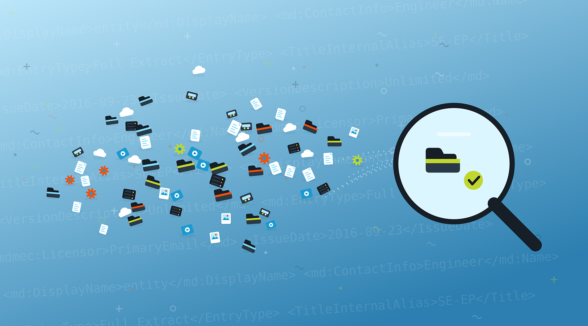 A swarm of scattered media files, folders, drives and clouds funneling into a magnifying glass that brings one asset into clear, known focus.